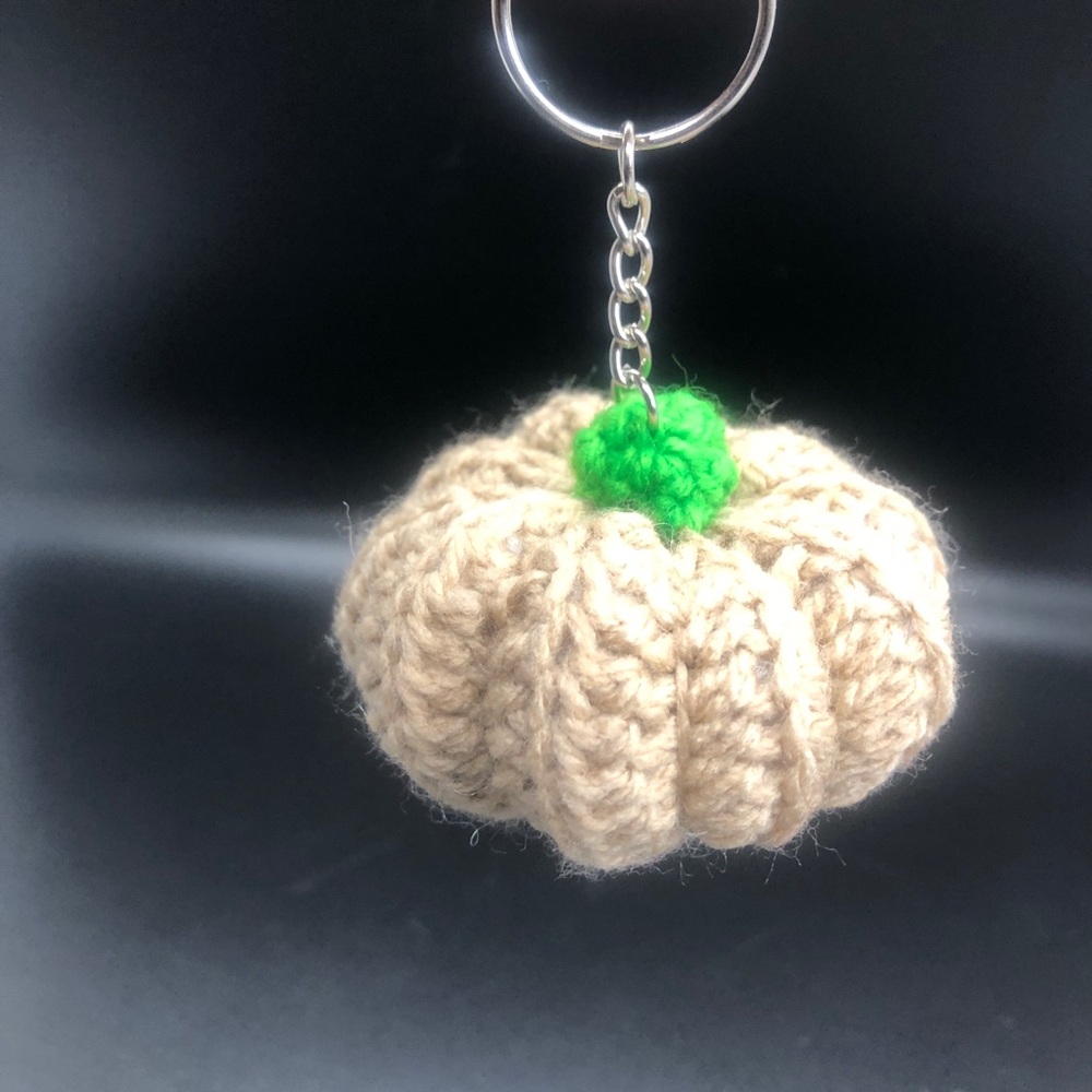 Tan and Green Mini Handmade Crochet Pumpkin Keychain, Bag Accessory